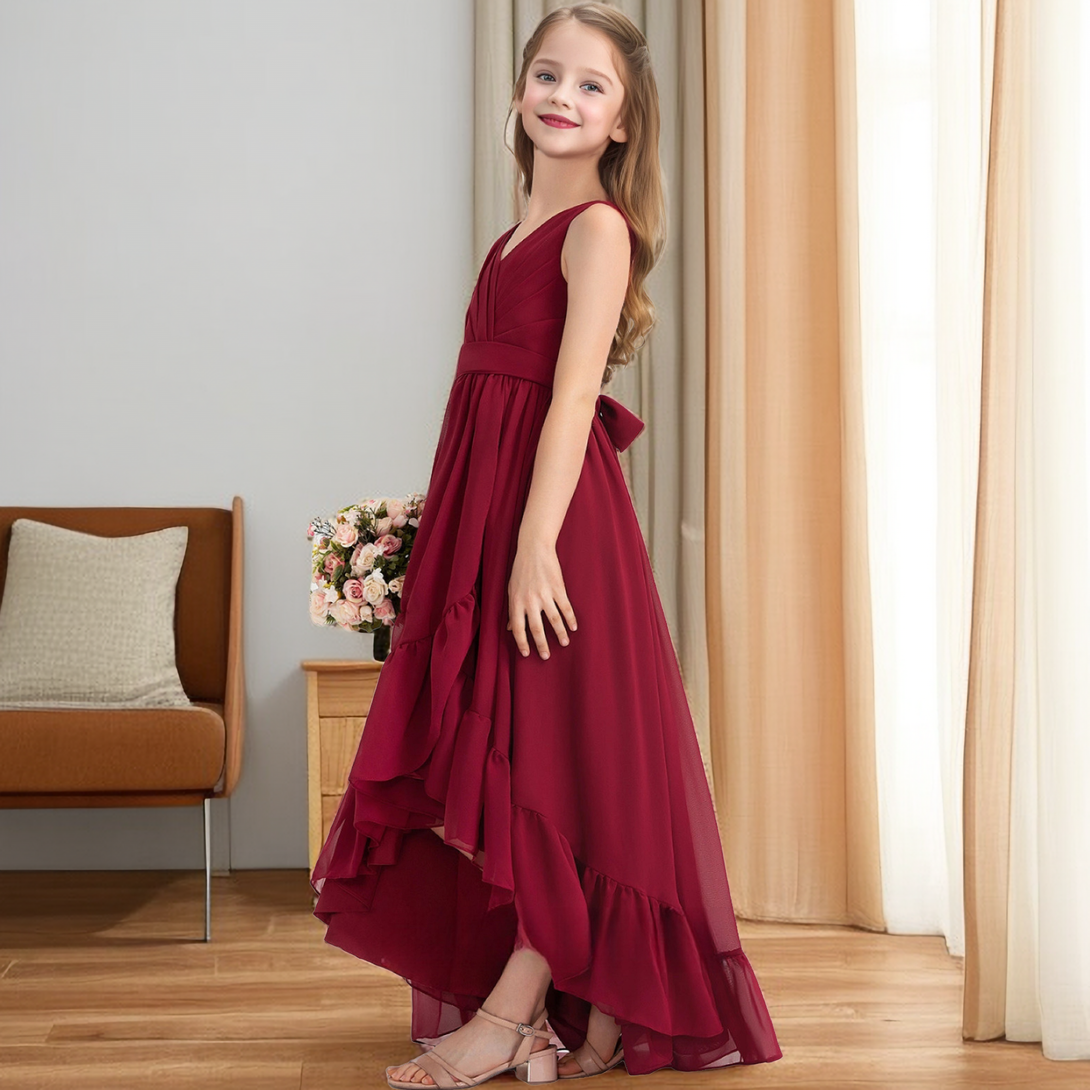 V-Neck Sleeveless Asymmetrical Chiffon Junior Bridesmaid Dress/Girls Birthday Dresses With Pleated/Belt Girls Gidiondress