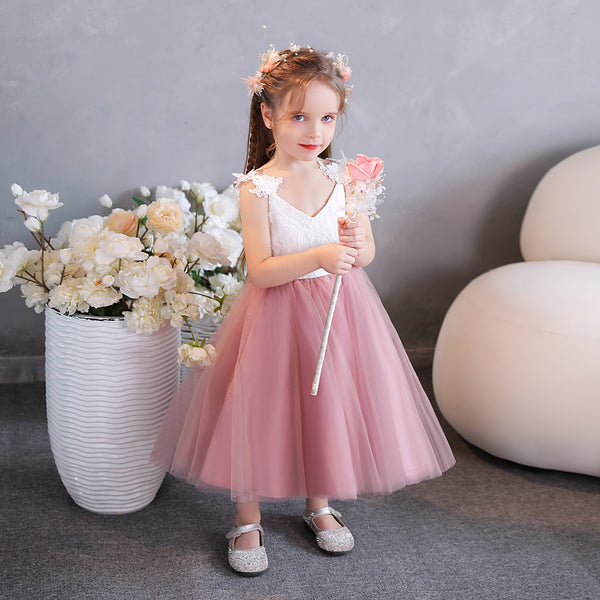 Ball Gown/Princess V-Neck Spaghetti Straps Lace/Tulle/Satin Tea-Length Flower Girl Dresses/Girls Birthday Dresses With Appliques Gidiondress as picture 12M