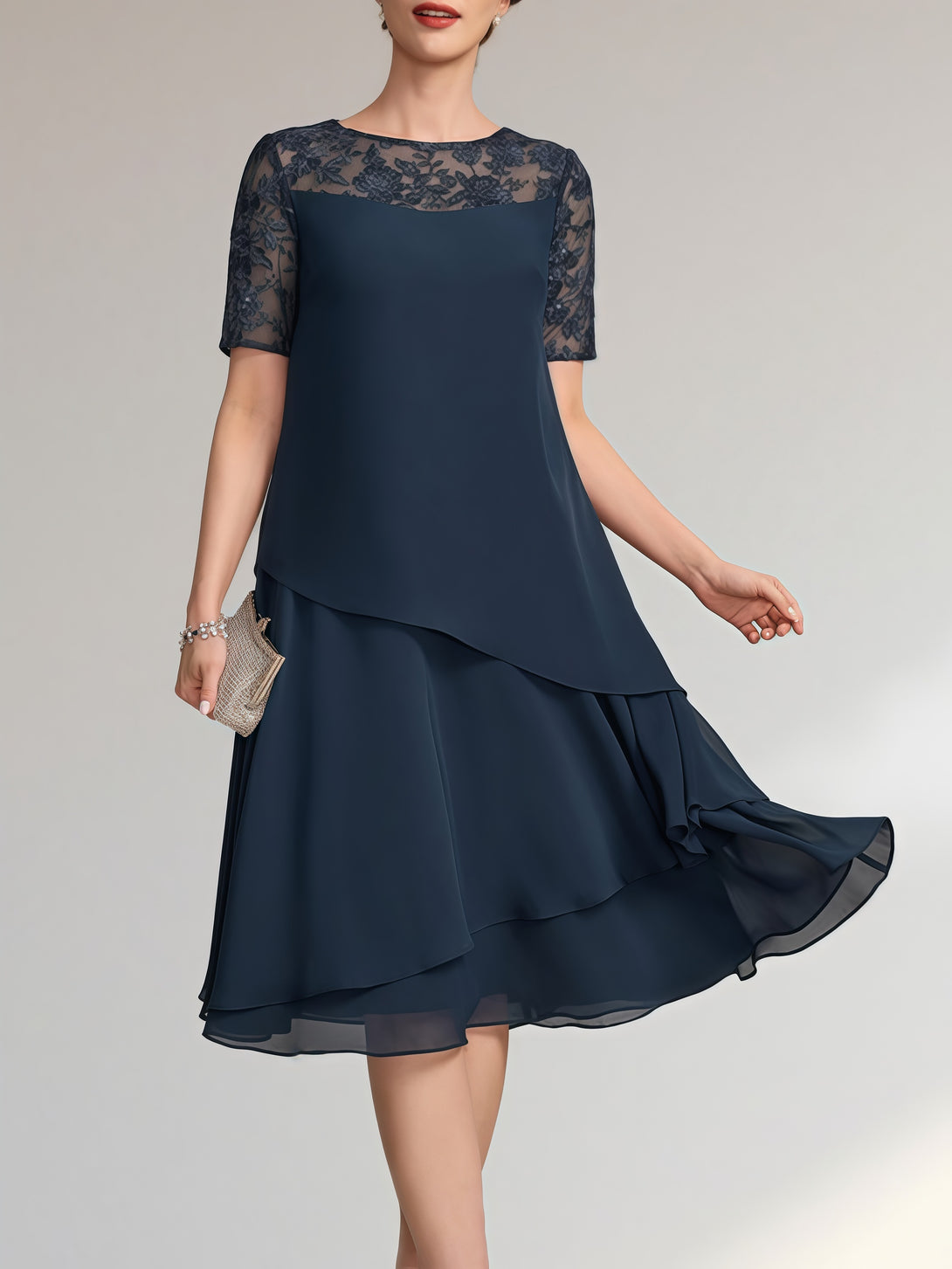 Column Scoop Neck Short Sleeve Illusion Knee-Length Chiffon/Lace Mother of the Bride Dress With Cascading Ruffles BabaMila