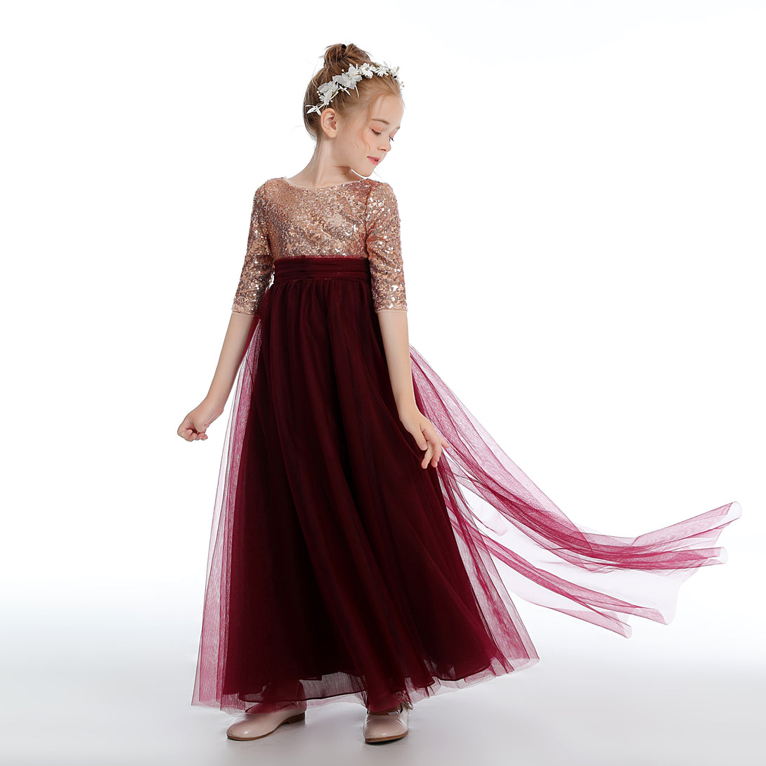 Half Sleeve Boat Neck Floor-Length Sequins/Tulle Flower Girl Dresses With Detachable Girls Gidiondress