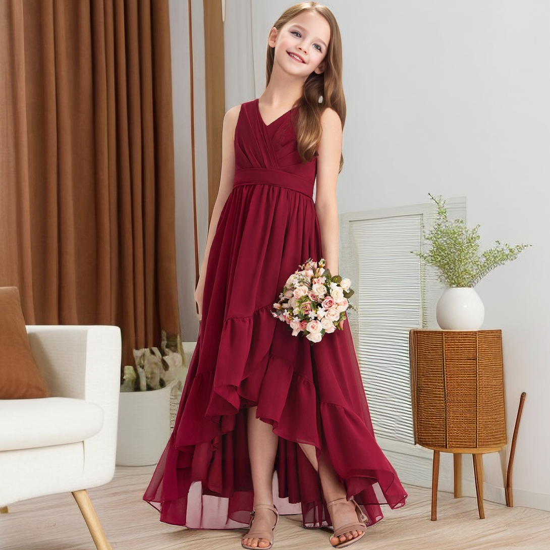 V-Neck Sleeveless Asymmetrical Chiffon Junior Bridesmaid Dress/Girls Birthday Dresses With Pleated/Belt Girls Gidiondress as picture 12M
