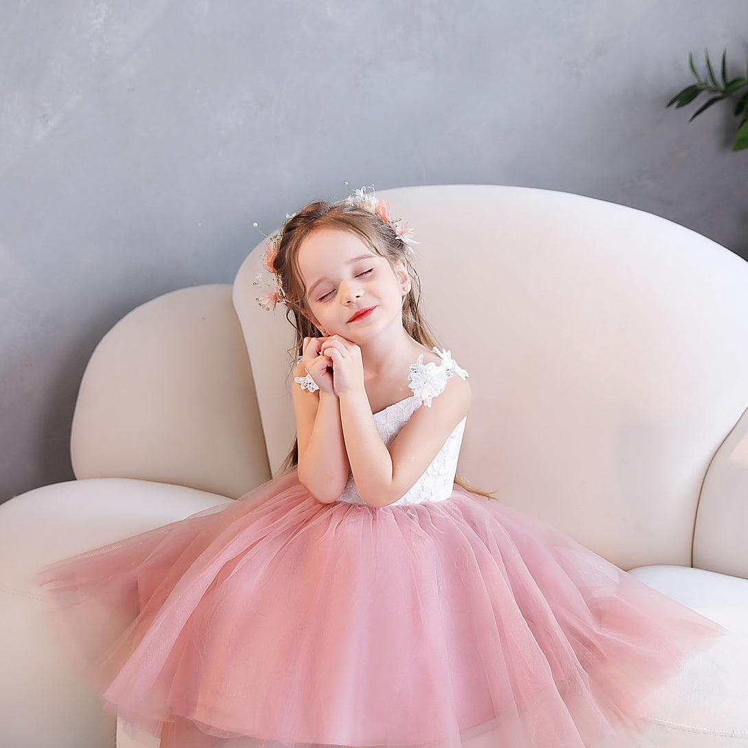 Ball Gown/Princess V-Neck Spaghetti Straps Lace/Tulle/Satin Tea-Length Flower Girl Dresses/Girls Birthday Dresses With Appliques Gidiondress