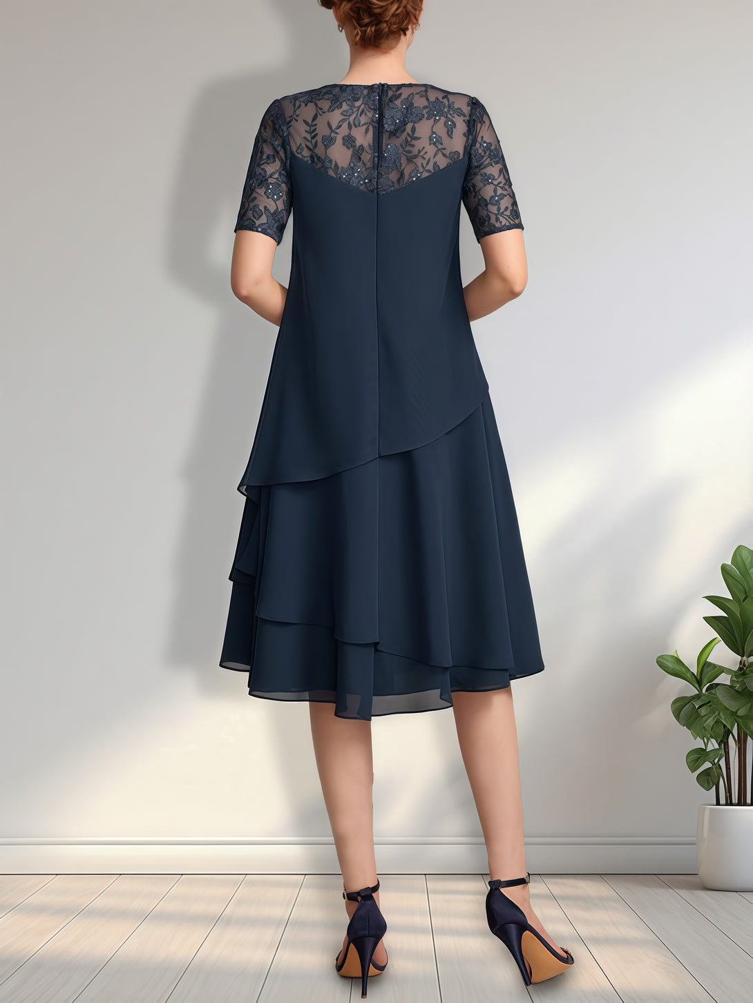Column Scoop Neck Short Sleeve Illusion Knee-Length Chiffon/Lace Mother of the Bride Dress With Cascading Ruffles BabaMila