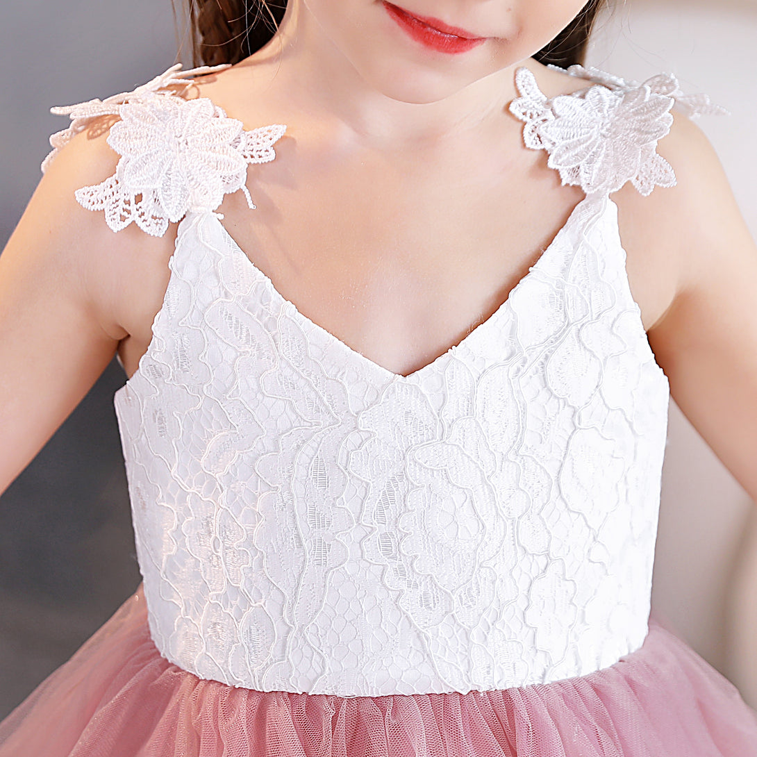 Ball Gown/Princess V-Neck Spaghetti Straps Lace/Tulle/Satin Tea-Length Flower Girl Dresses/Girls Birthday Dresses With Appliques Gidiondress