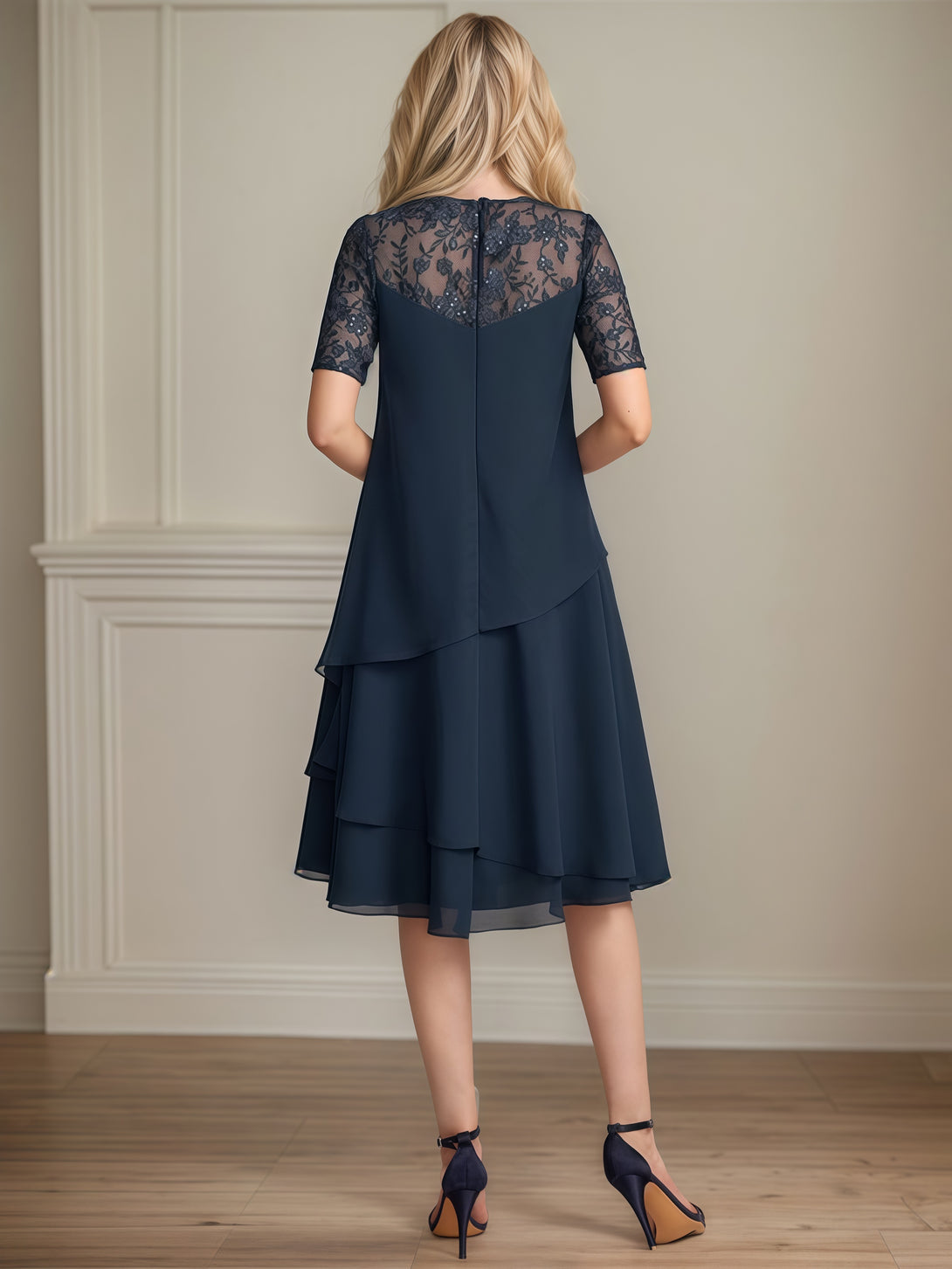Column Scoop Neck Short Sleeve Illusion Knee-Length Chiffon/Lace Mother of the Bride Dress With Cascading Ruffles BabaMila