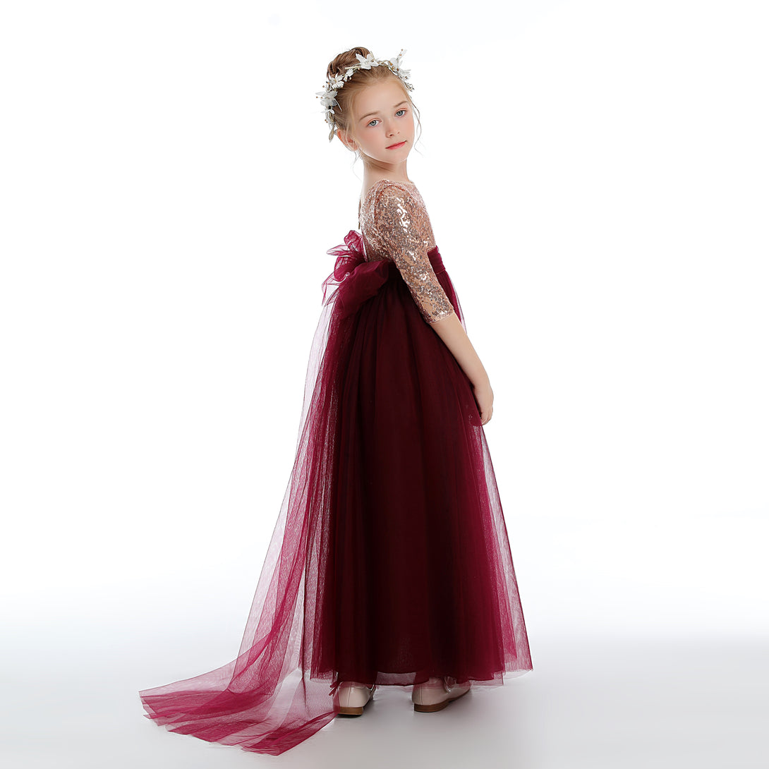 Half Sleeve Boat Neck Floor-Length Sequins/Tulle Flower Girl Dresses With Detachable Girls Gidiondress as picture 12M