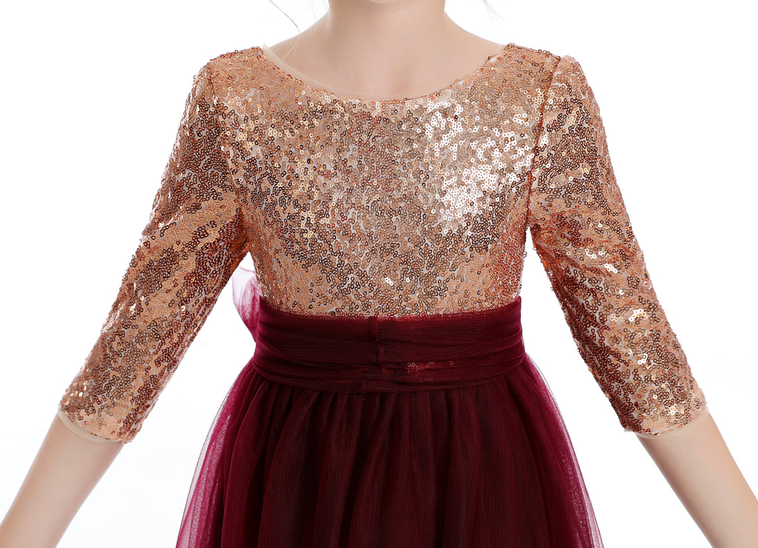 Half Sleeve Boat Neck Floor-Length Sequins/Tulle Flower Girl Dresses With Detachable Girls Gidiondress