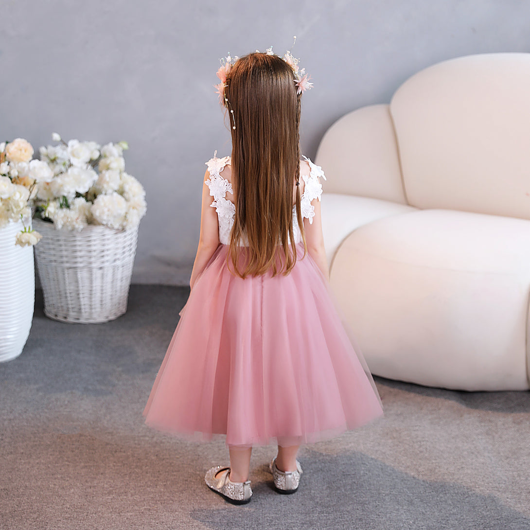 Ball Gown/Princess V-Neck Spaghetti Straps Lace/Tulle/Satin Tea-Length Flower Girl Dresses/Girls Birthday Dresses With Appliques Gidiondress