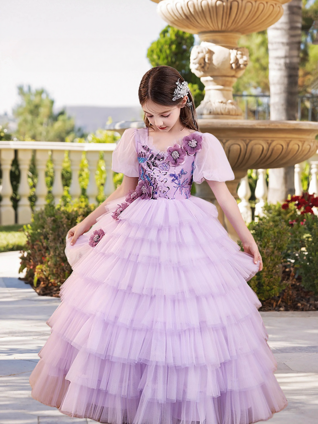 Scoop Neck Puff Sleeve Floor-Length Exquisite Sequins/Lace/Tulle Girl's Cake Dresses With Appliques/3D Flower Gidiondress