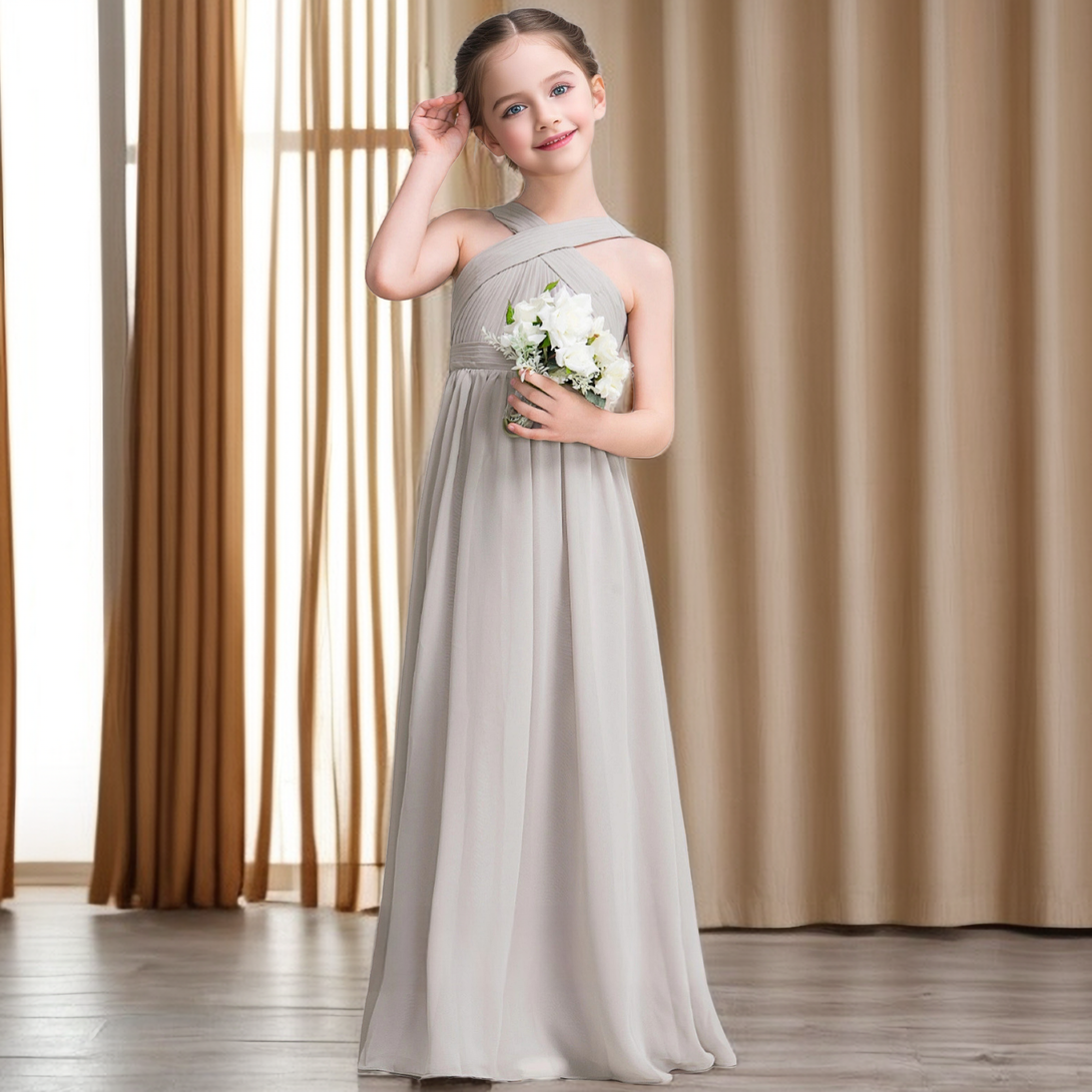 Simple Halter Sleeveless Floor-Length Chiffon Junior Bridesmaid Dress/Girls Birthday Dresses With Pleated/Belt Girls Gidiondress