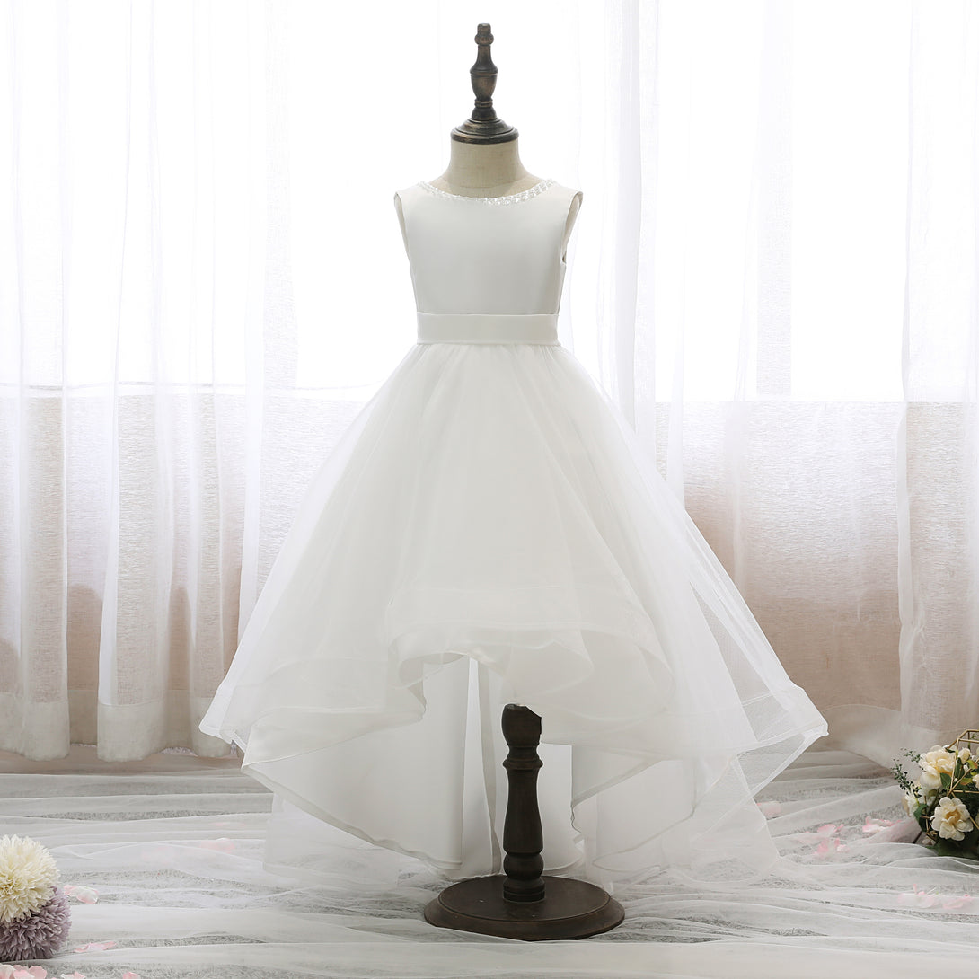 Boat Neck Sleeveless Tea-Length Satin/Tulle Asymmetrical Flower Girl Dresses With Beads/Belt/Bow Gidiondress