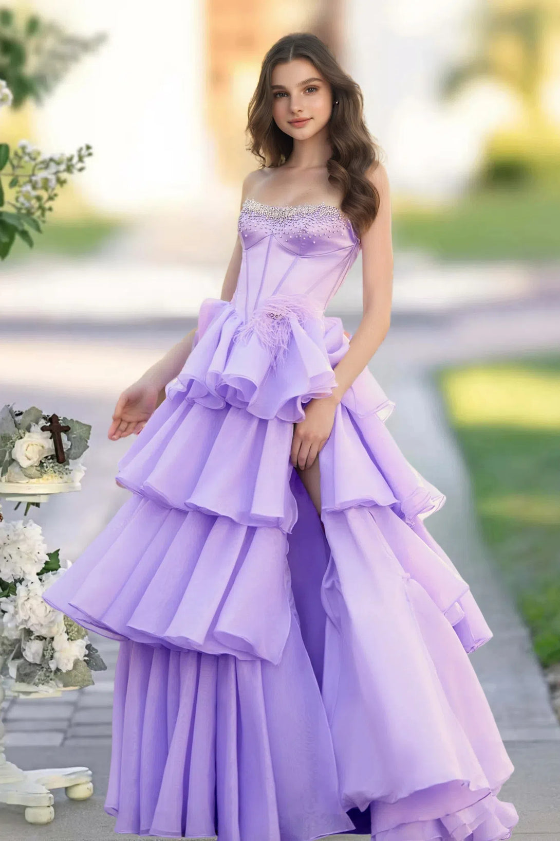 A-line Square Neckline Strapless Floor-Length Yellow Organza Prom Dress with Ruffles Slit BabaMila