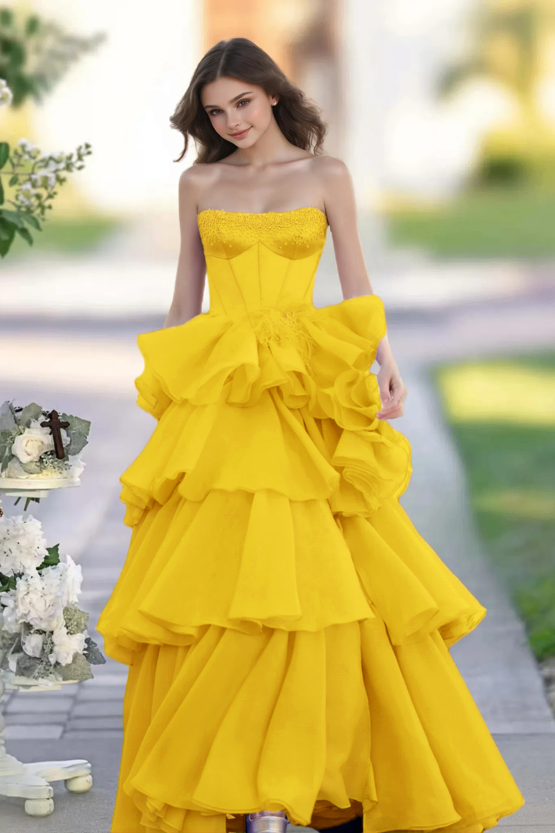 A-line Square Neckline Strapless Floor-Length Yellow Organza Prom Dress with Ruffles Slit BabaMila