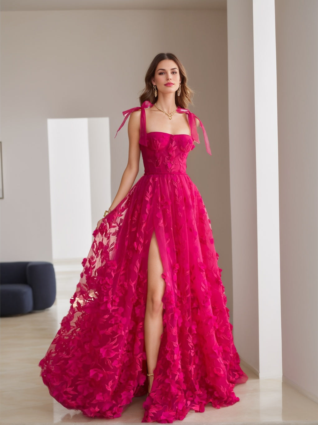 A-Line/Princess Fuchsia Square Neck Spaghetti Straps Long Prom Floral Dresses With Split Side BabaMila