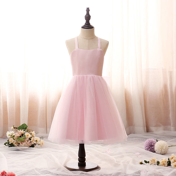 Square Neck Sleeveless Knee-Length Satin/Tulle Girls Birthday Dresses With Bow Gidiondress