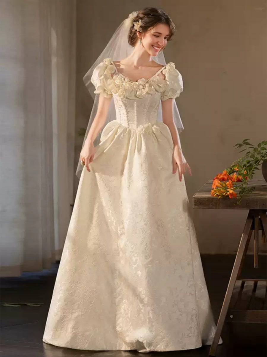 A-line/Princess Spaghetti Straps Puff Sleeves Wedding Dresses with Embroidery/3D Flowers/Lace-up/Pearls/Lace BabaMila