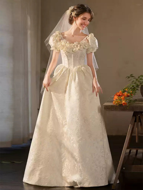 A-line/Princess Spaghetti Straps Puff Sleeves Wedding Dresses with Embroidery/3D Flowers/Lace-up/Pearls/Lace BabaMila