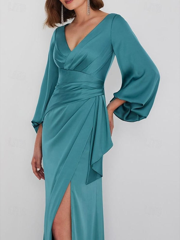 Sheath/Column Floor Length Long Sleeve V Neck Wedding Guest Dresses Tie Charmeuse with Ruched BabaMila