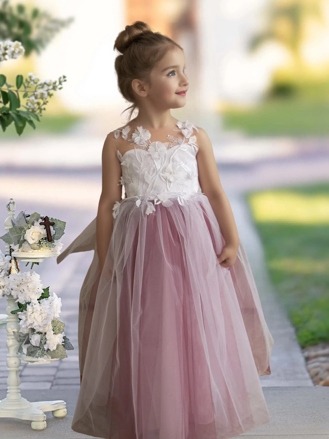 Scoop Neck Sleeveless Floor-Length Detachable Tulle Flower Girl Dresses With 3D Flower/Appliques Gidiondress