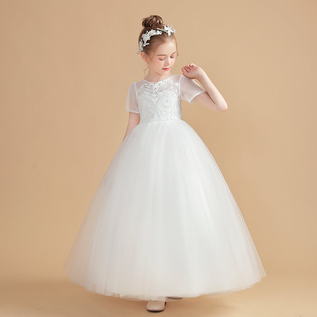 Ball Gown Short Sleeve Scoop Neck Floor-Length Tulle/Lace Flower Girl Dresses/First Communion Dress With Appliques/Beads Gidiondress
