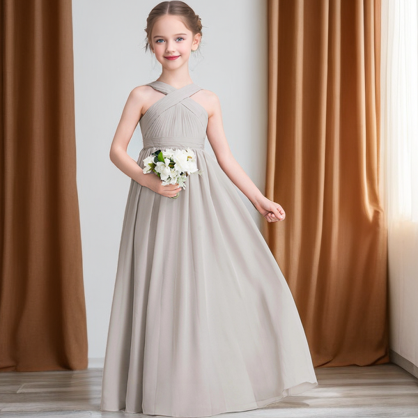 Simple Halter Sleeveless Floor-Length Chiffon Junior Bridesmaid Dress/Girls Birthday Dresses With Pleated/Belt Girls Gidiondress as picture 12M