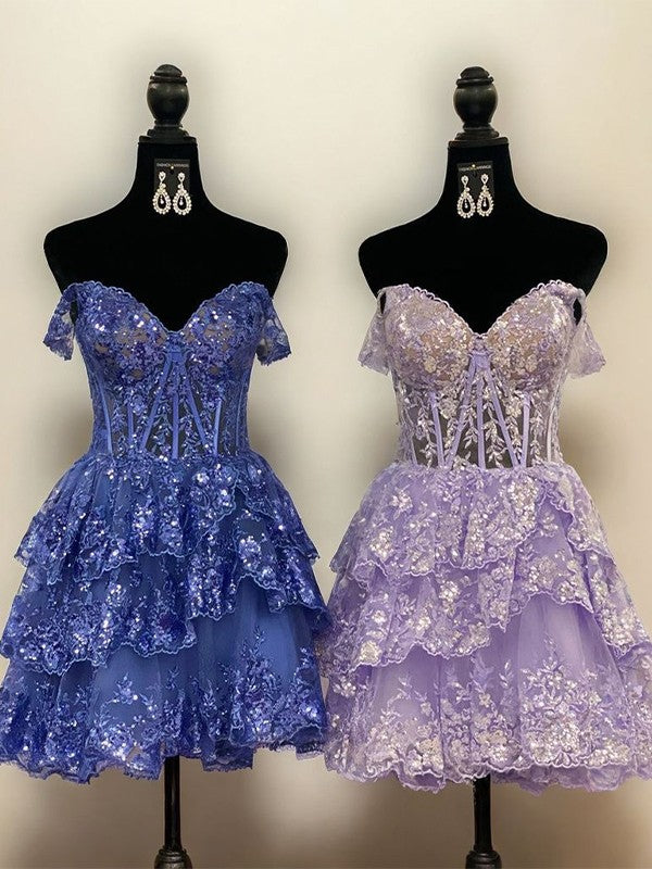A-line Off-the-Shoulder Appliques Lace Short/Mini Tulle Corset Dress BabaMila