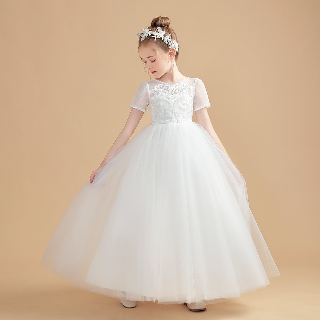 Ball Gown Short Sleeve Scoop Neck Floor-Length Tulle/Lace Flower Girl Dresses/First Communion Dress With Appliques/Beads Gidiondress