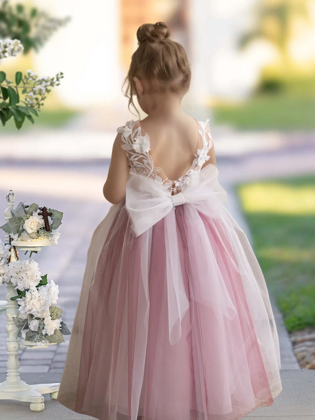 Scoop Neck Sleeveless Floor-Length Detachable Tulle Flower Girl Dresses With 3D Flower/Appliques Gidiondress