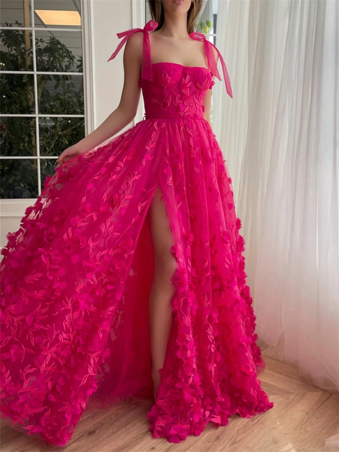 A-Line/Princess Fuchsia Square Neck Spaghetti Straps Long Prom Floral Dresses With Split Side BabaMila