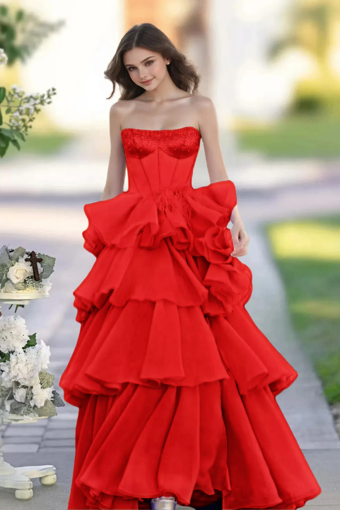 A-line Square Neckline Strapless Floor-Length Yellow Organza Prom Dress with Ruffles Slit BabaMila