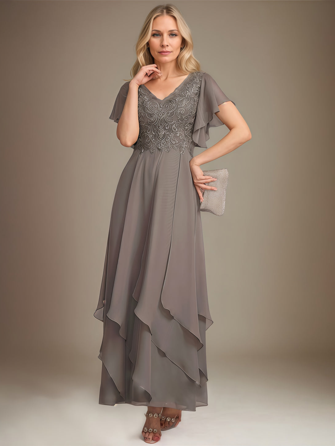 Elegant V-Neck Flutter Straps Ankel-Length Chiffon/Lace Mother of the Bride Dress With Cascading Ruffles BabaMila