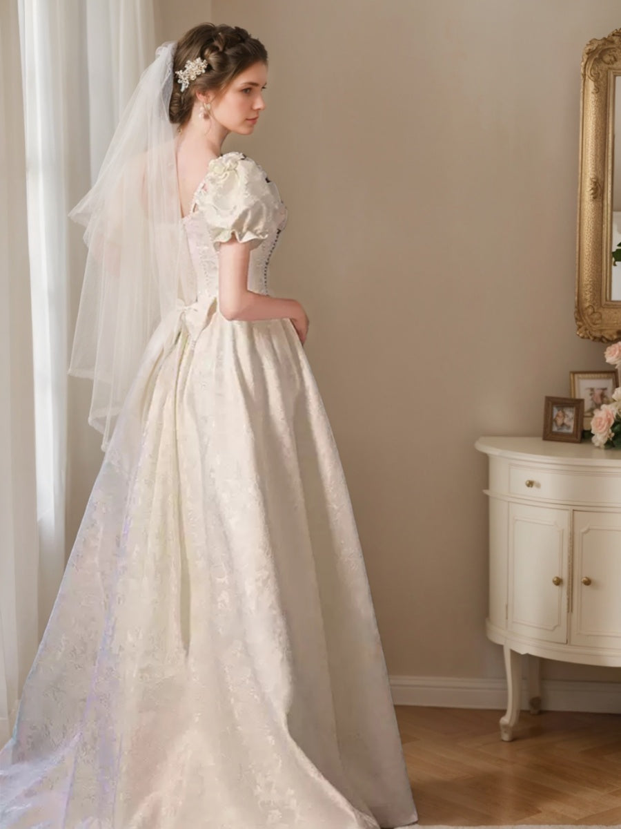 A-line/Princess Spaghetti Straps Puff Sleeves Wedding Dresses with Embroidery/3D Flowers/Lace-up/Pearls/Lace BabaMila