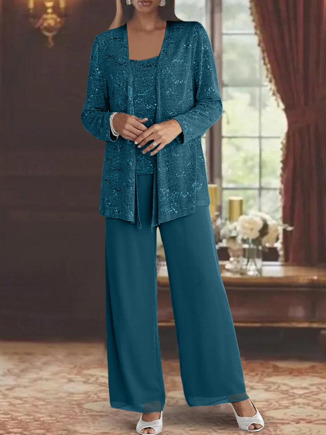 Chiffon Mother Of The Bride Pantsuits With Jacket & Sequins BabaMila