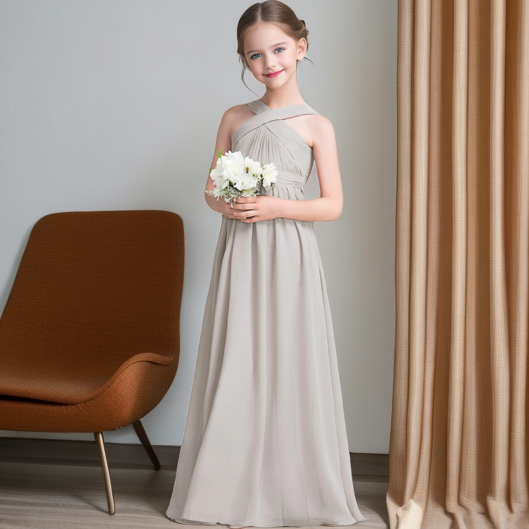 Simple Halter Sleeveless Floor-Length Chiffon Junior Bridesmaid Dress/Girls Birthday Dresses With Pleated/Belt Girls Gidiondress