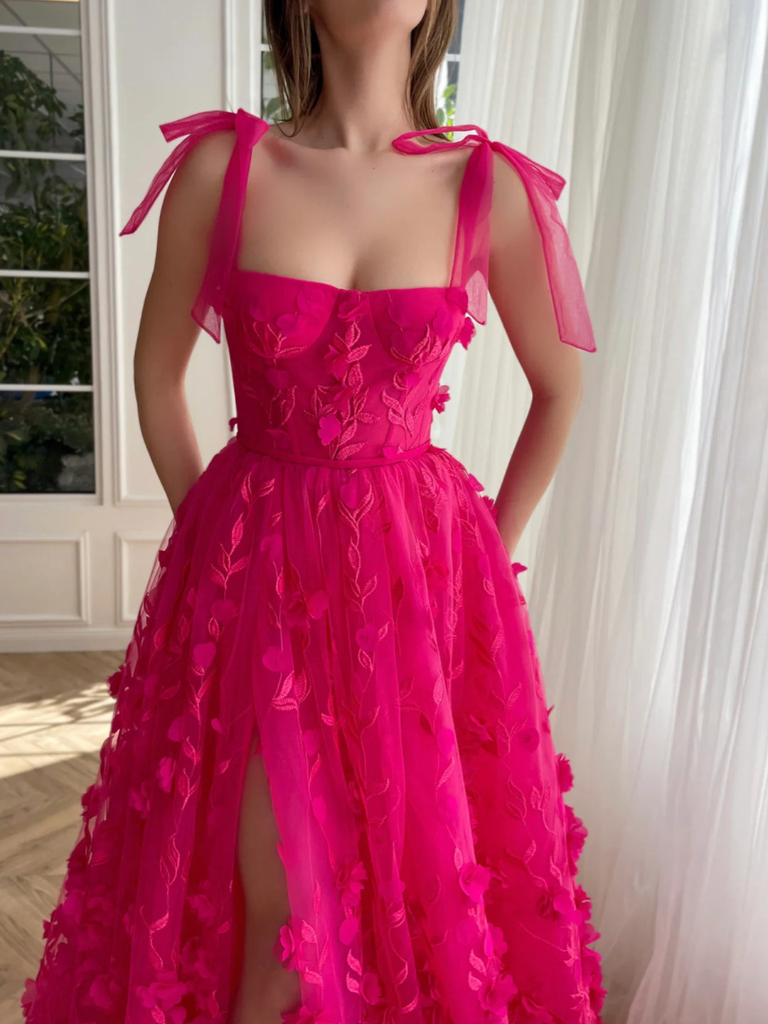 A-Line/Princess Fuchsia Square Neck Spaghetti Straps Long Prom Floral Dresses With Split Side BabaMila