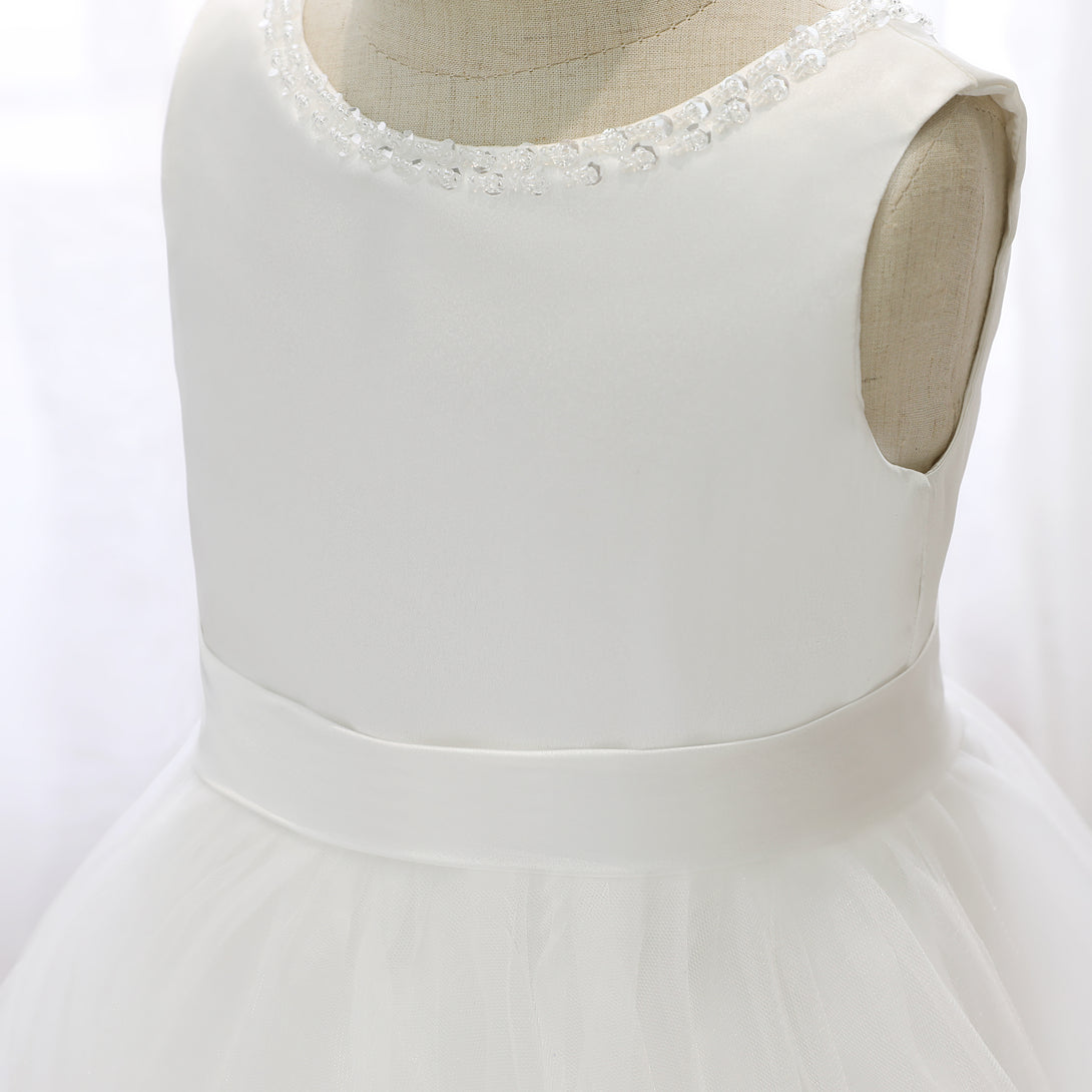Boat Neck Sleeveless Tea-Length Satin/Tulle Asymmetrical Flower Girl Dresses With Beads/Belt/Bow Gidiondress