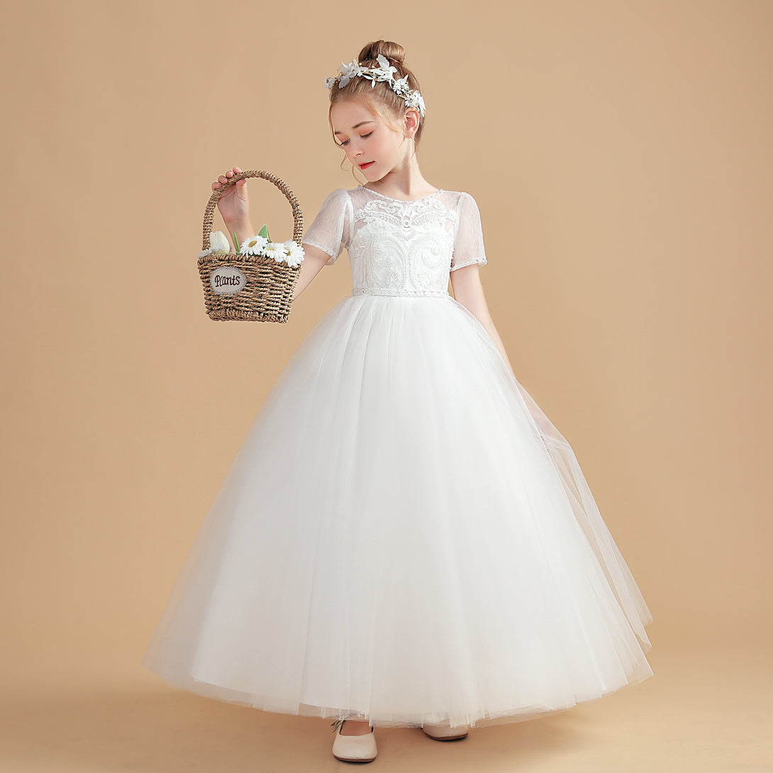 Ball Gown Short Sleeve Scoop Neck Floor-Length Tulle/Lace Flower Girl Dresses/First Communion Dress With Appliques/Beads Gidiondress