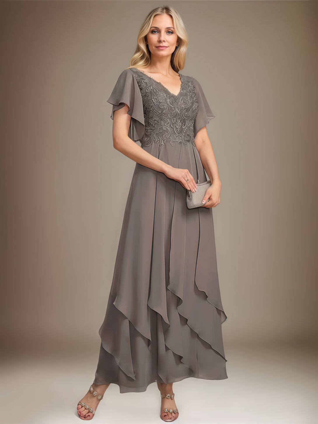 Elegant V-Neck Flutter Straps Ankel-Length Chiffon/Lace Mother of the Bride Dress With Cascading Ruffles BabaMila
