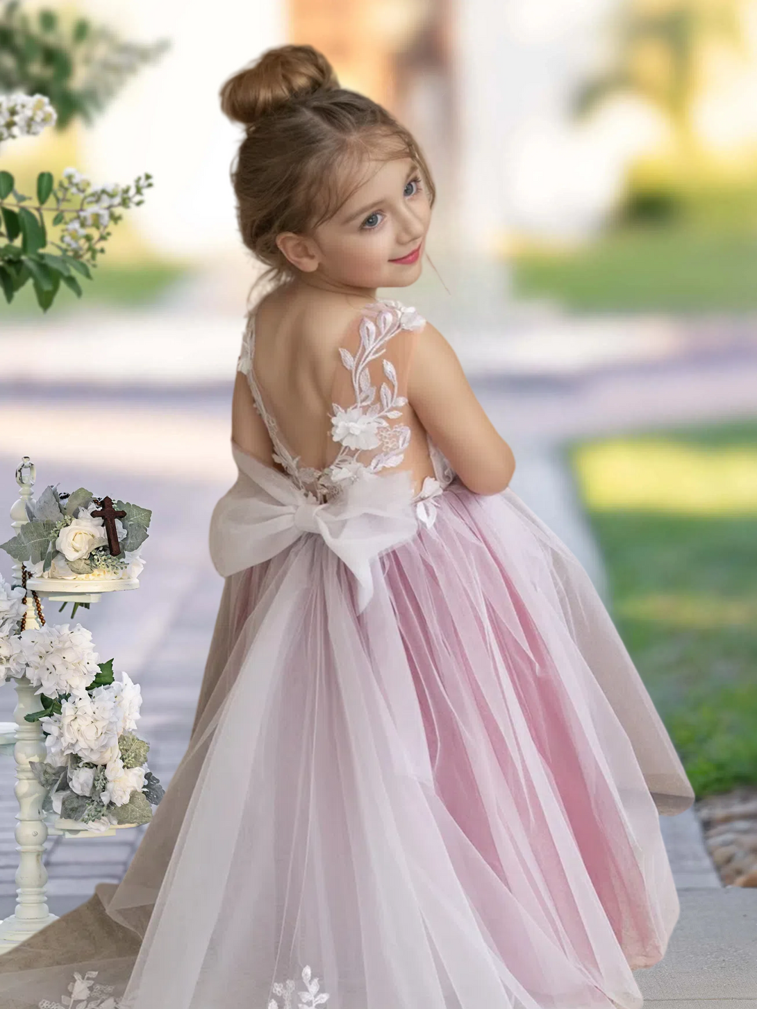 Scoop Neck Sleeveless Floor-Length Detachable Tulle Flower Girl Dresses With 3D Flower/Appliques Gidiondress