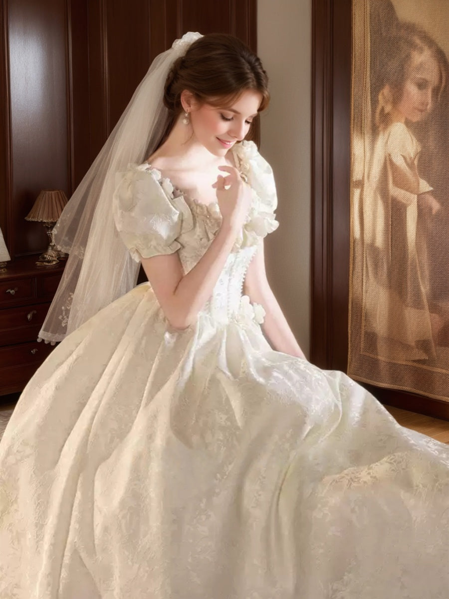 A-line/Princess Spaghetti Straps Puff Sleeves Wedding Dresses with Embroidery/3D Flowers/Lace-up/Pearls/Lace BabaMila