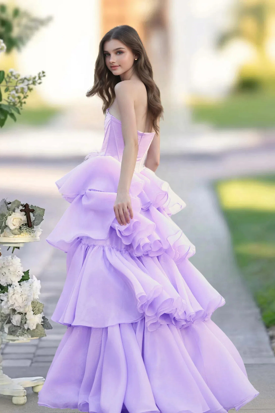 A-line Square Neckline Strapless Floor-Length Yellow Organza Prom Dress with Ruffles Slit BabaMila