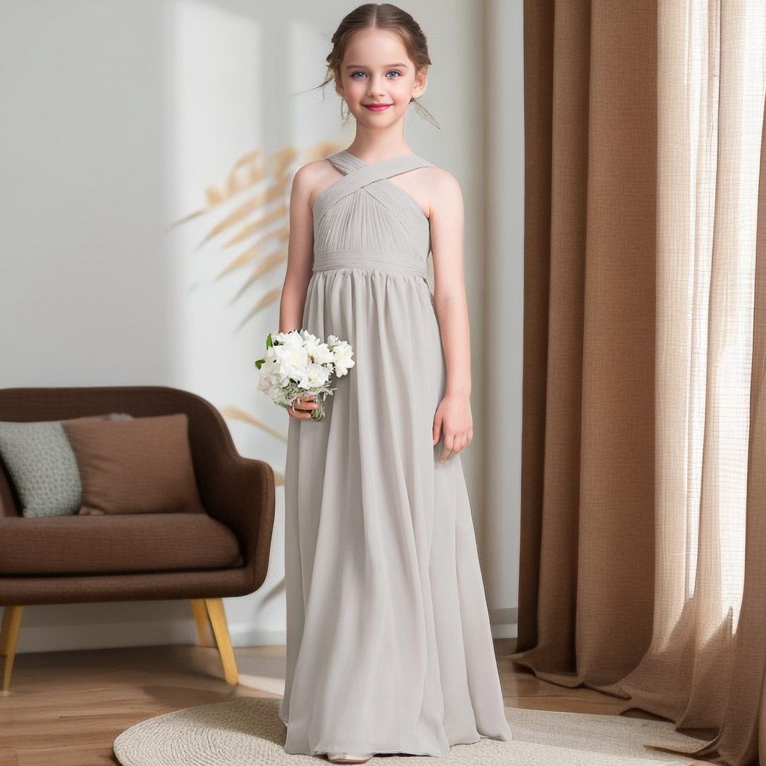 Simple Halter Sleeveless Floor-Length Chiffon Junior Bridesmaid Dress/Girls Birthday Dresses With Pleated/Belt Girls Gidiondress