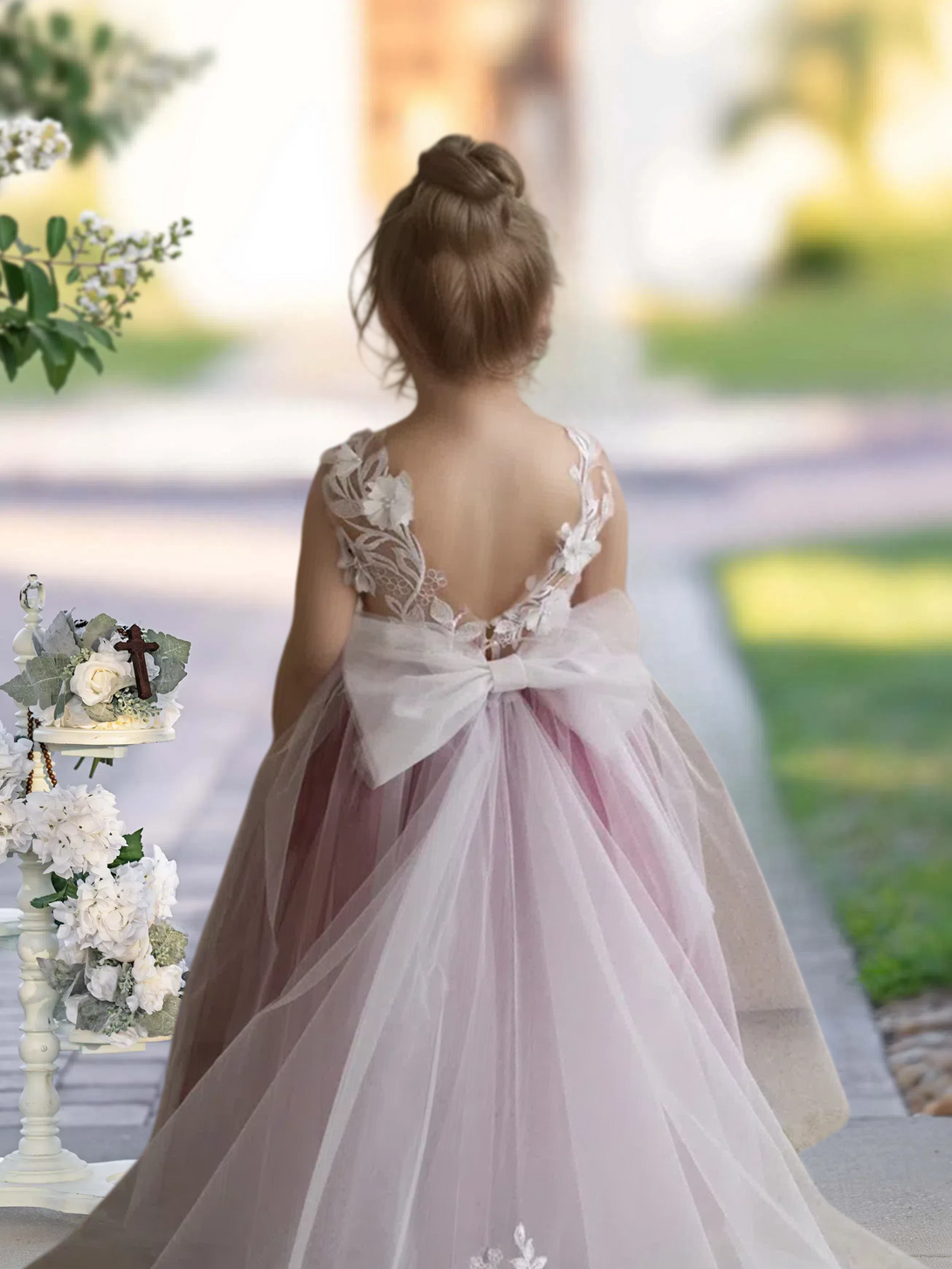 Scoop Neck Sleeveless Floor-Length Detachable Tulle Flower Girl Dresses With 3D Flower/Appliques Gidiondress