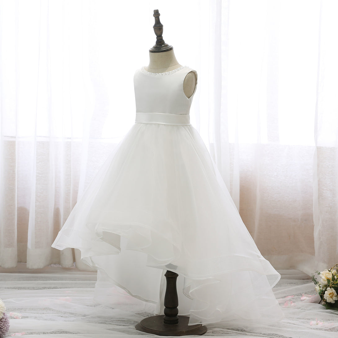 Boat Neck Sleeveless Tea-Length Satin/Tulle Asymmetrical Flower Girl Dresses With Beads/Belt/Bow Gidiondress