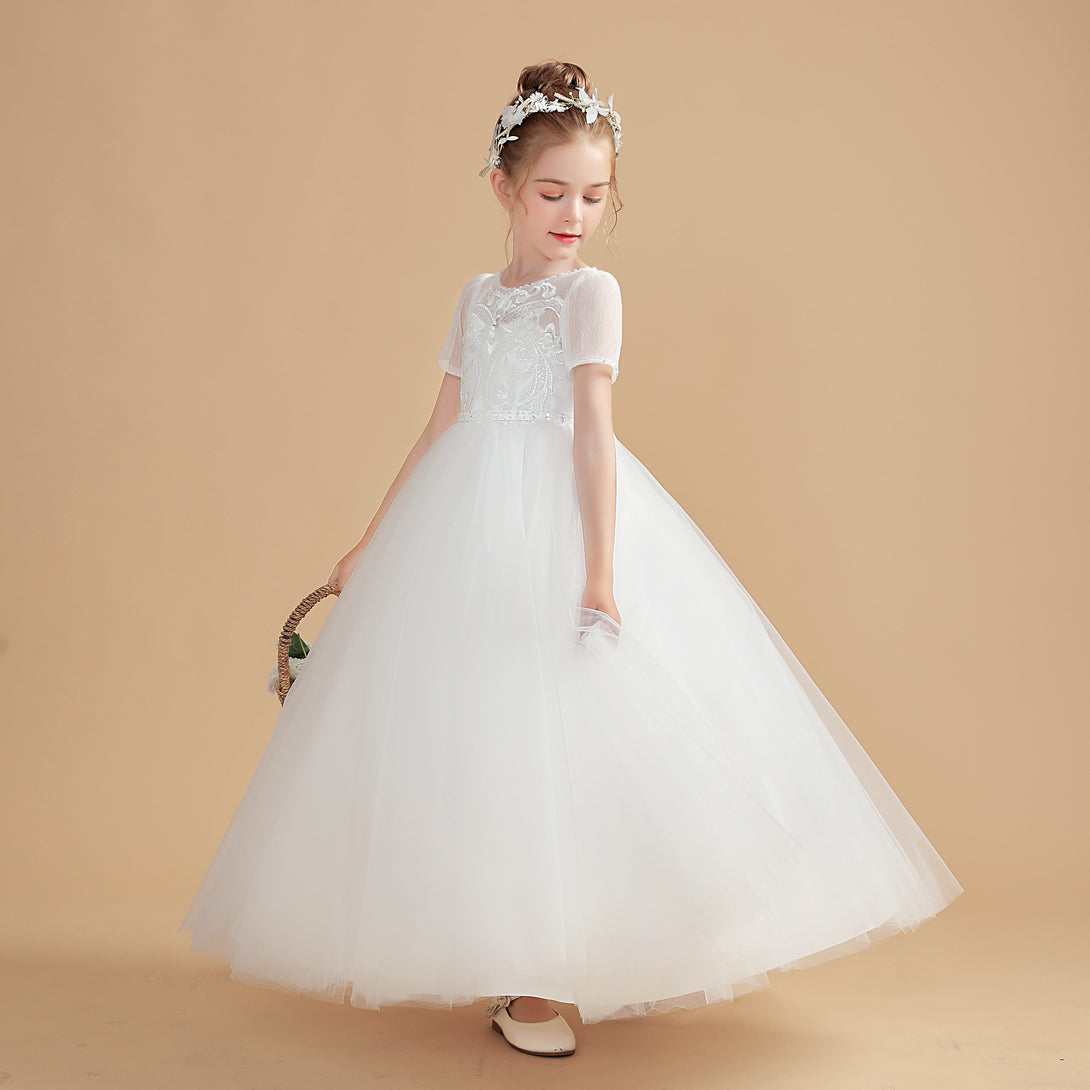Ball Gown Short Sleeve Scoop Neck Floor-Length Tulle/Lace Flower Girl Dresses/First Communion Dress With Appliques/Beads Gidiondress Ivory 12M