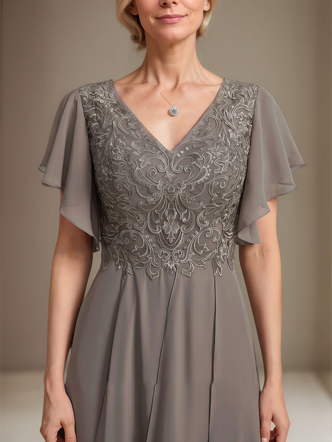 Elegant V-Neck Flutter Straps Ankel-Length Chiffon/Lace Mother of the Bride Dress With Cascading Ruffles BabaMila
