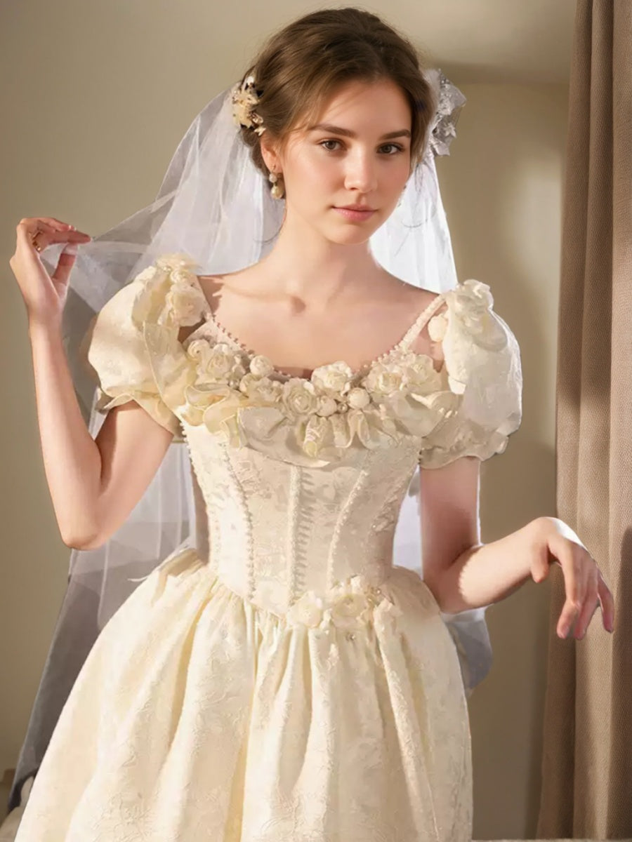 A-line/Princess Spaghetti Straps Puff Sleeves Wedding Dresses with Embroidery/3D Flowers/Lace-up/Pearls/Lace BabaMila