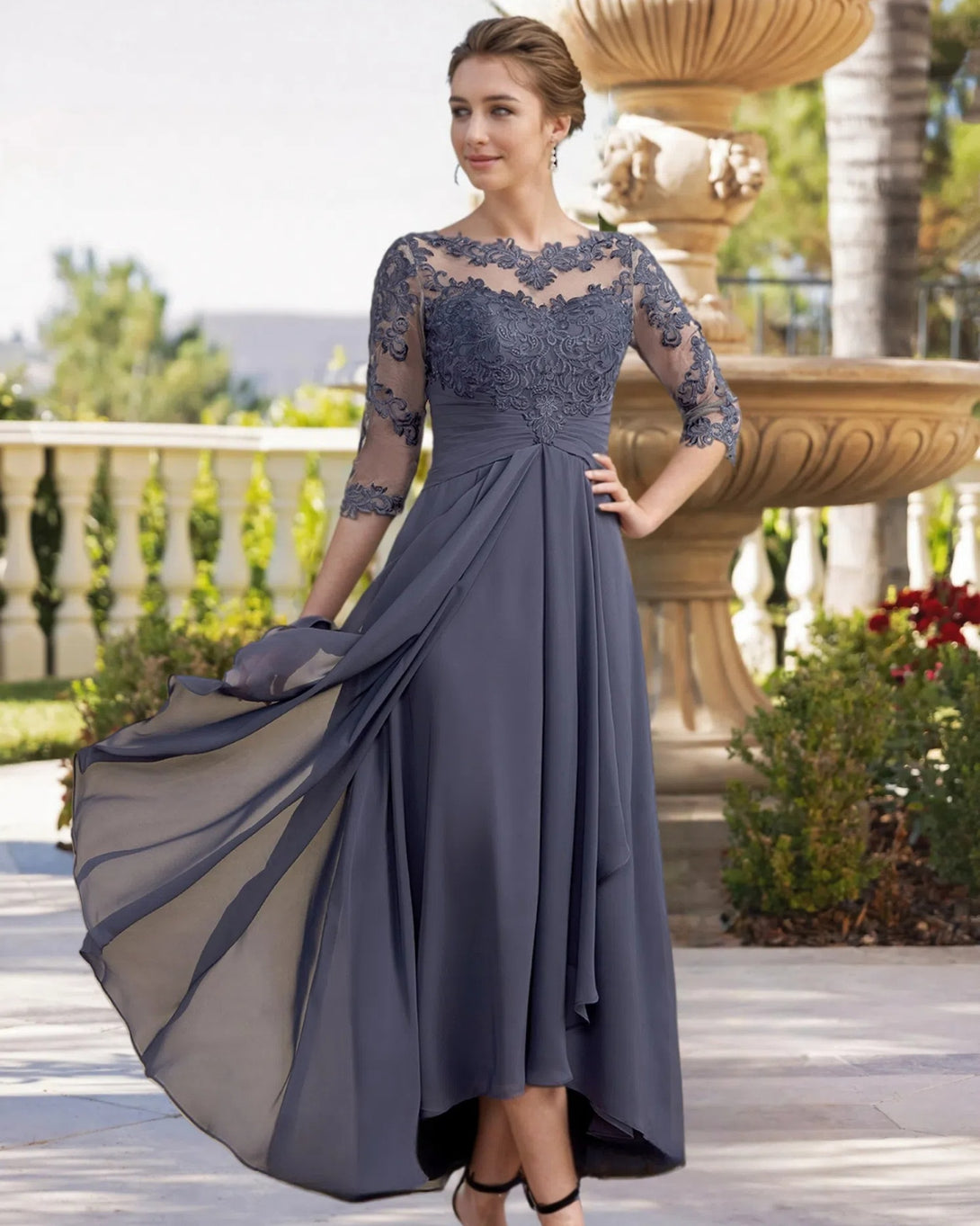 A-line Bateau 3/4 Sleeves Ruffles Asymmetrical Chiffon Lace Mother of the Bride Dress BabaMila