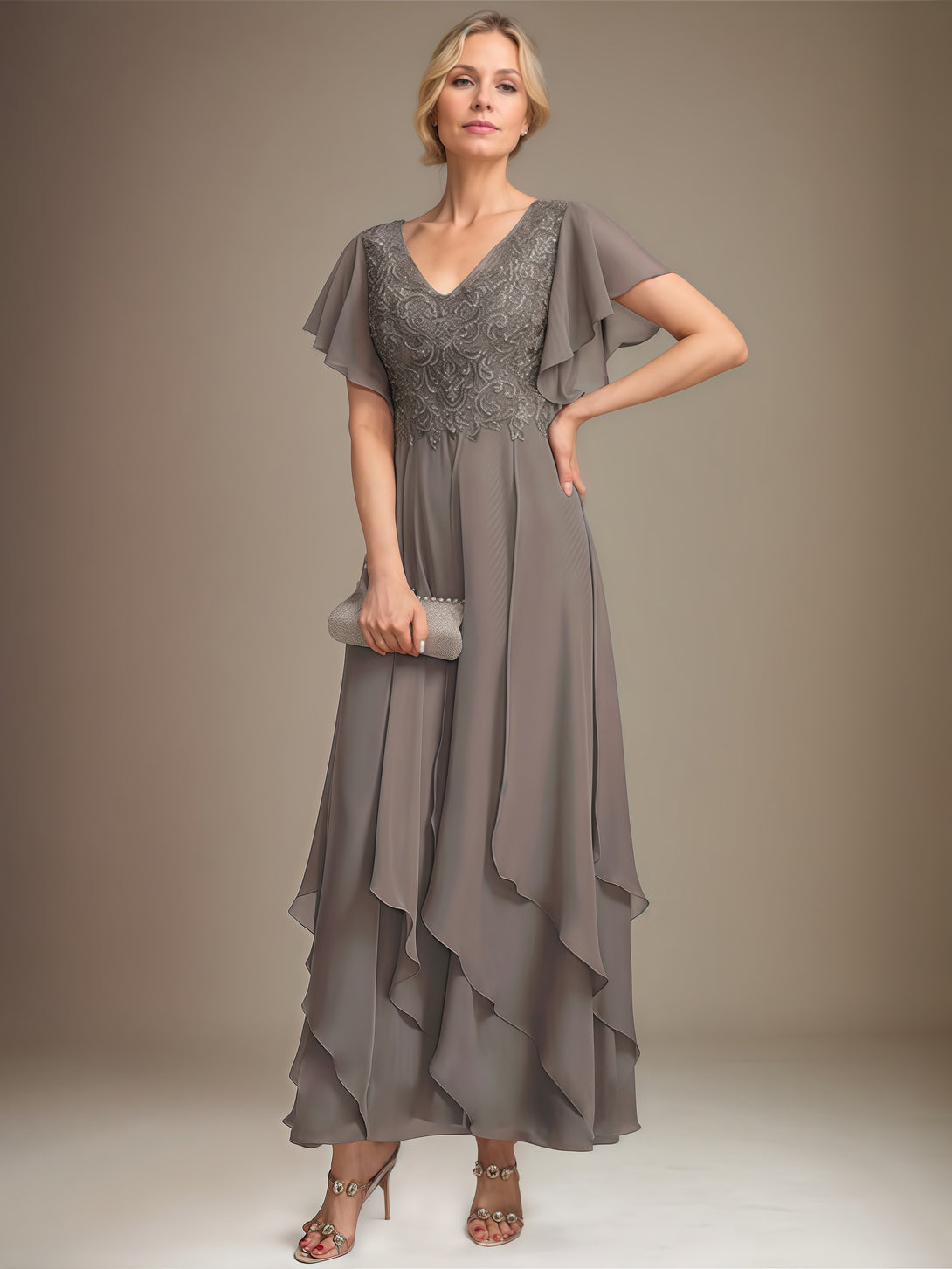 Elegant V-Neck Flutter Straps Ankel-Length Chiffon/Lace Mother of the Bride Dress With Cascading Ruffles BabaMila