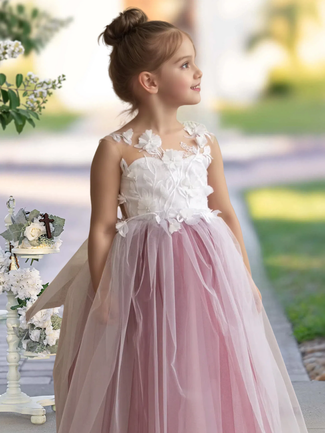 Scoop Neck Sleeveless Floor-Length Detachable Tulle Flower Girl Dresses With 3D Flower/Appliques Gidiondress